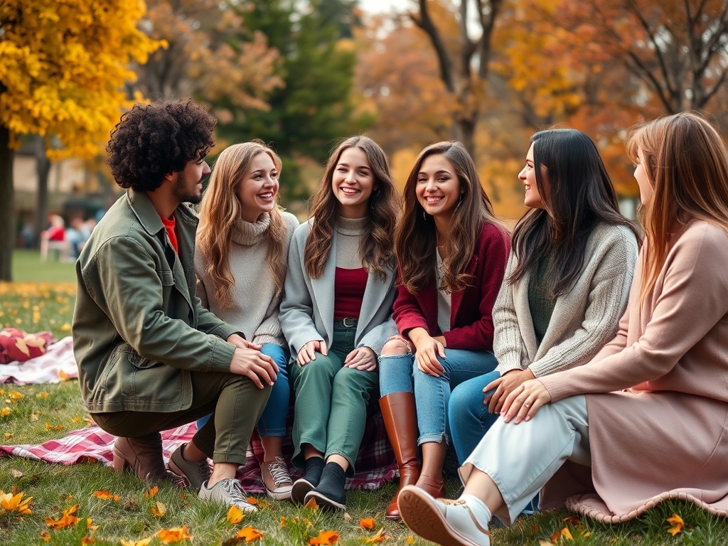 Un grup de tineri zâmbind și bucurându-se de o zi de toamnă într-un parc plin de frunze colorate.